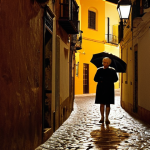 **Prompt 1 (The Intuitive Discovery):**
    A narrow, cobblestone alley in a charming Spanish city like Seville, rain-slicked and dimly lit at dusk. A lone traveler, slightly wet, is shown turning away from a GPS-enabled smartphone, their expression captivated by a warm, inviting glow and an irresistible aroma of traditional home-cooked stew emanating from a small, unassuming bar. The bar's entrance is modest, with a vintage sign and the silhouette of a smiling elderly woman behind a counter. Emphasize the contrast between digital navigation and sensory intuition, capturing the cozy, authentic Spanish ambiance.
