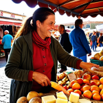 **Prompt 1: Vibrant Local Market Immersion**
    A vibrant, bustling local market in a picturesque Spanish-speaking town. A joyful female traveler, mid-30s, engages in a friendly conversation with an elderly local vendor, pointing to fresh, colorful produce or traditional street food. The stalls are overflowing with authentic regional delicacies like artisanal cheeses, fresh bread, and handcrafted items. Sunlight filters through the market canopy, creating warm, inviting tones. High detail, photorealistic, cinematic lighting, cultural immersion.