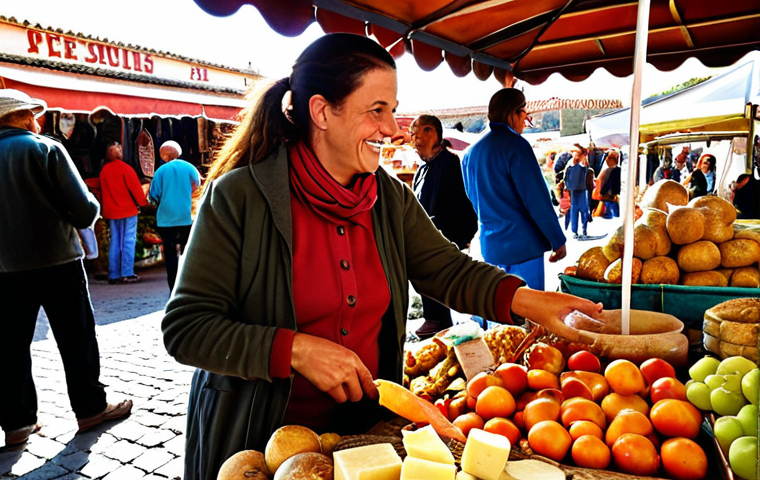 **Prompt 1: Vibrant Local Market Immersion**
A vibrant, bustling local market in a picturesque Spanish-speaking town. A joyful female traveler, mid-30s, engages in a friendly conversation with an elderly local vendor, pointing to fresh, colorful produce or traditional street food. The stalls are overflowing with authentic regional delicacies like artisanal cheeses, fresh bread, and handcrafted items. Sunlight filters through the market canopy, creating warm, inviting tones. High detail, photorealistic, cinematic lighting, cultural immersion.