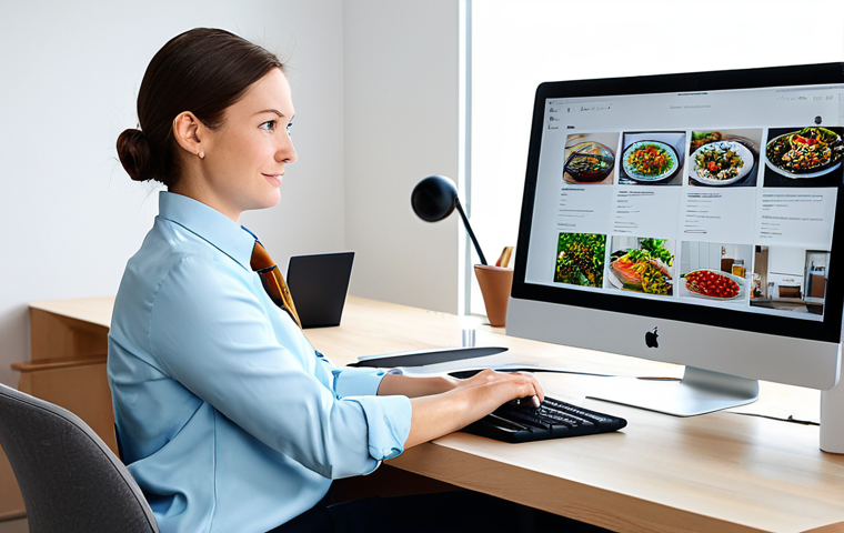 A focused individual, fully clothed in professional business attire, seated comfortably at a sleek, minimalist desk in a bright, modern home office. The person is meticulously organizing culinary travel photos on a large monitor, with a laptop open displaying folder structures and photo editing software. A few subtle, travel-inspired culinary items are visible on the desk, adding character. The office is clean and well-lit, with natural light coming from a large window. Professional photography, high resolution, soft studio lighting, perfect anatomy, correct proportions, natural pose, well-formed hands, proper finger count, natural body proportions, safe for work, appropriate content, fully clothed, modest clothing, family-friendly, professional dress.