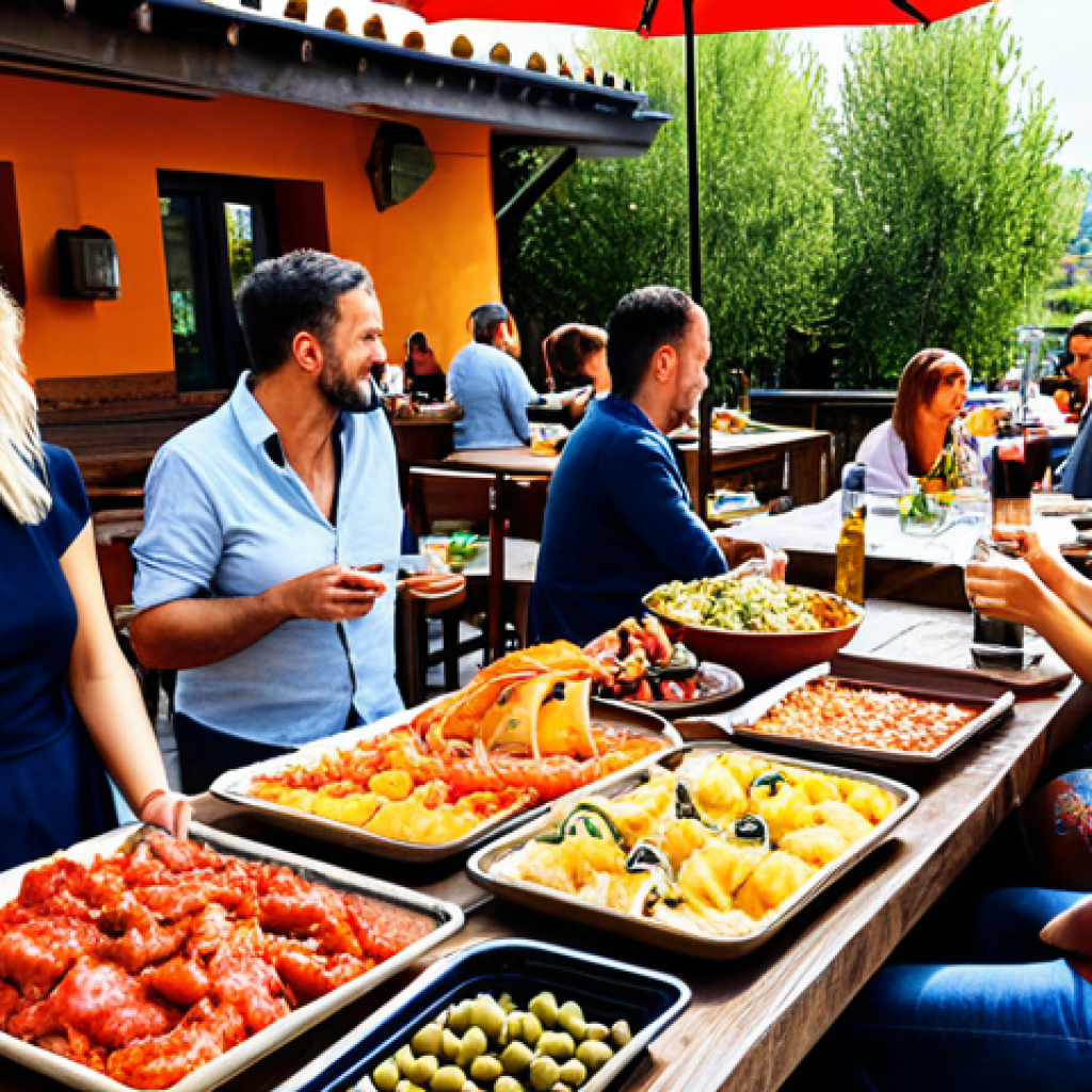 Spanish Tapas Scene**
"A vibrant spread of Spanish tapas on a rustic wooden table, including patatas bravas, jamón ibérico, and olives. Background features a sun-drenched outdoor terrace with people enjoying the food and drinks. fully clothed, appropriate content, safe for work, professional photography, perfect anatomy, natural proportions, professional, family-friendly, modest clothing"
**