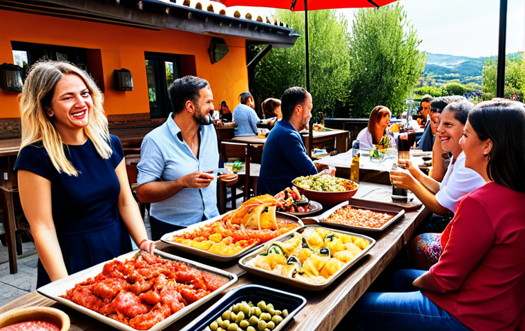 Spanish Tapas Scene**
"A vibrant spread of Spanish tapas on a rustic wooden table, including patatas bravas, jamón ibérico, and olives. Background features a sun-drenched outdoor terrace with people enjoying the food and drinks. fully clothed, appropriate content, safe for work, professional photography, perfect anatomy, natural proportions, professional, family-friendly, modest clothing"
**
