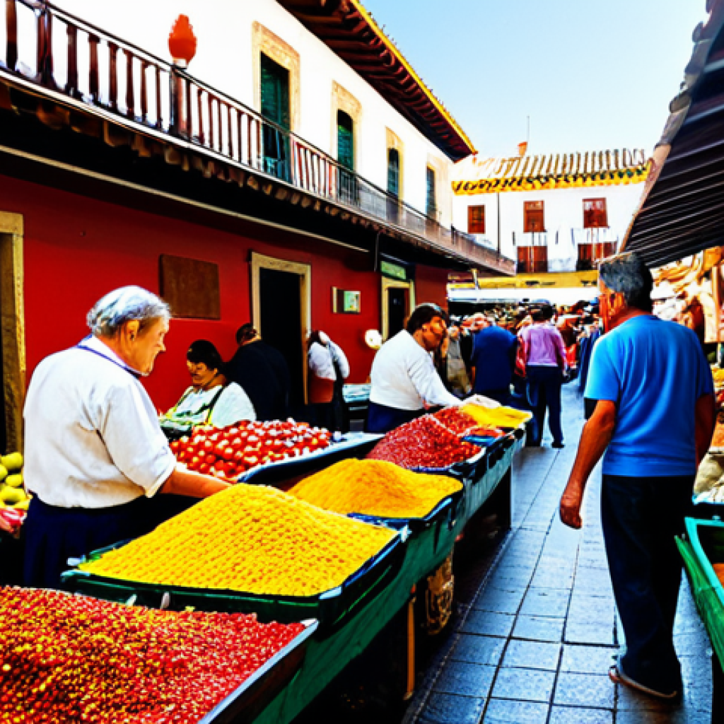 Bustling Local Market**
"A vibrant scene at a traditional Spanish market. Fresh produce overflowing from stalls, colorful spices in sacks, and friendly vendors interacting with customers. Focus on the textures and colors of the food. In the background, traditional architecture is visible. The atmosphere is lively and authentic. safe for work, appropriate content, fully clothed, professional, perfect anatomy, correct proportions, natural pose, high quality."
**