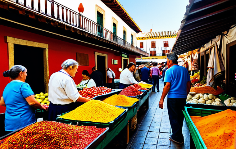 Bustling Local Market**
"A vibrant scene at a traditional Spanish market. Fresh produce overflowing from stalls, colorful spices in sacks, and friendly vendors interacting with customers. Focus on the textures and colors of the food. In the background, traditional architecture is visible. The atmosphere is lively and authentic. safe for work, appropriate content, fully clothed, professional, perfect anatomy, correct proportions, natural pose, high quality."
**