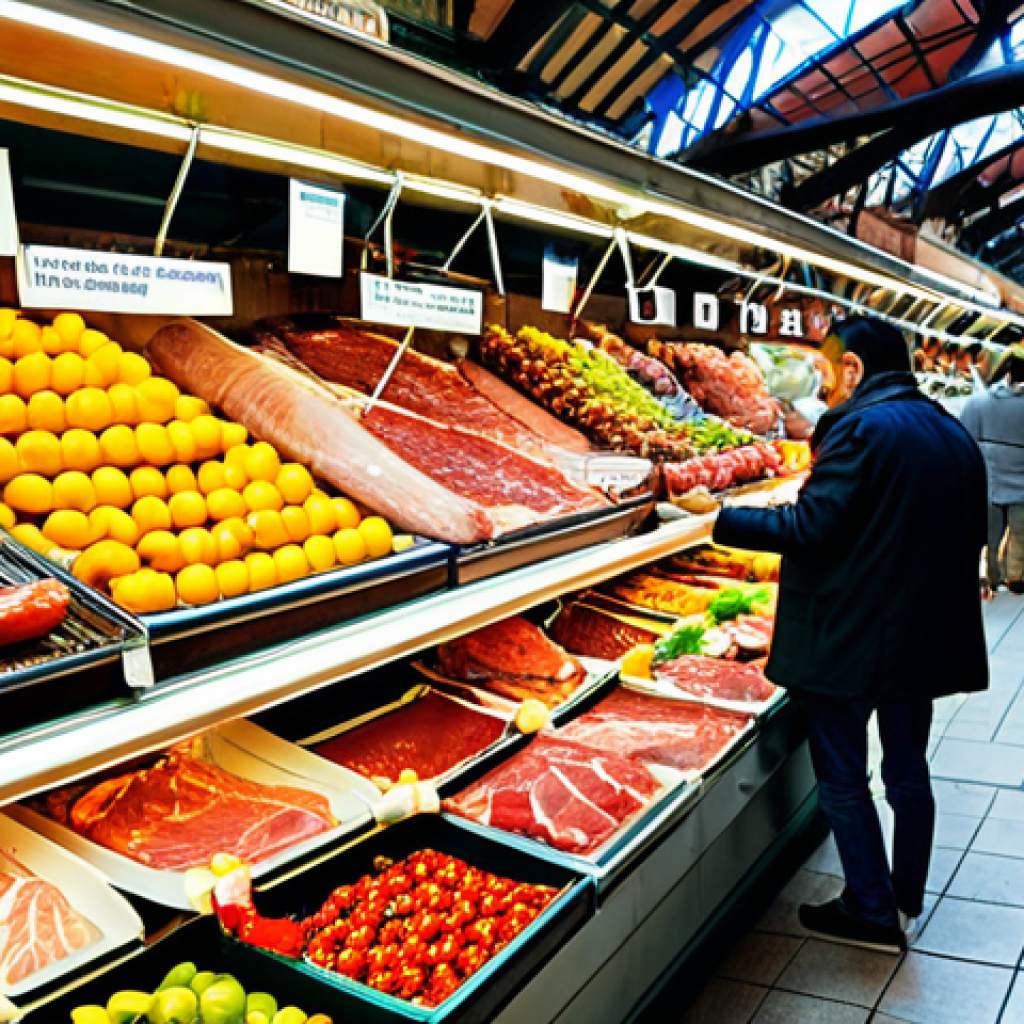 여행 후 맛집 추천하기 - Vibrant Barcelona Market Scene**

"A bustling scene inside Barcelona's La Boqueria market. Stalls ov...