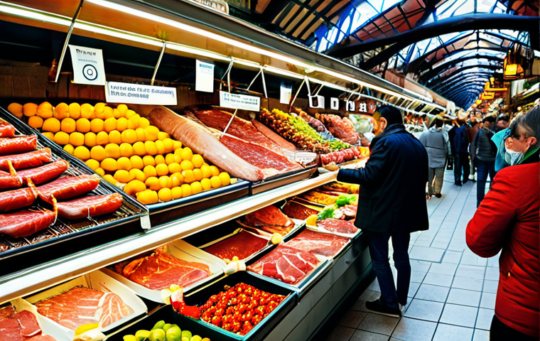 여행 후 맛집 추천하기 - Vibrant Barcelona Market Scene**
"A bustling scene inside Barcelona's La Boqueria market. Stalls ov...