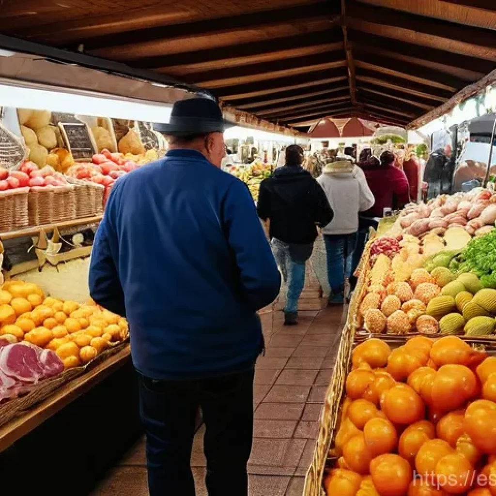 음식 연결 프로그램으로 즐기는 여행 - **Prompt:** A vibrant and bustling indoor market in a historic Spanish city, filled with an abundanc...
