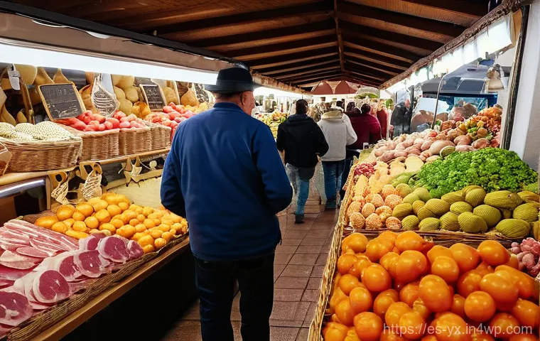 음식 연결 프로그램으로 즐기는 여행 - **Prompt:** A vibrant and bustling indoor market in a historic Spanish city, filled with an abundanc...