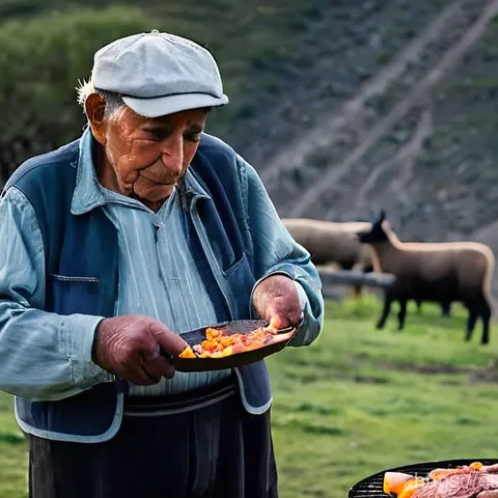 여행 중의 특별한 바베큐 경험 - A wise, elderly Patagonian "asador" with a weathered, kind face, deeply focused on tending a traditi...