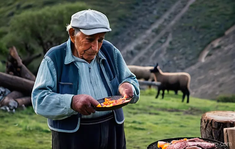 여행 중의 특별한 바베큐 경험 - A wise, elderly Patagonian "asador" with a weathered, kind face, deeply focused on tending a traditi...