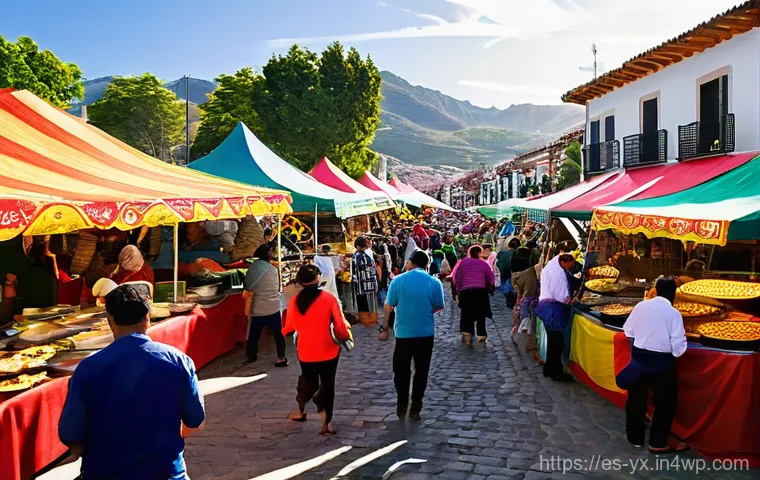 전국의 유명한 음식 축제 정보 공유하기 - **Vibrant Culinary Festival in a Spanish-Speaking Town:** A bustling, sun-drenched outdoor food fest...