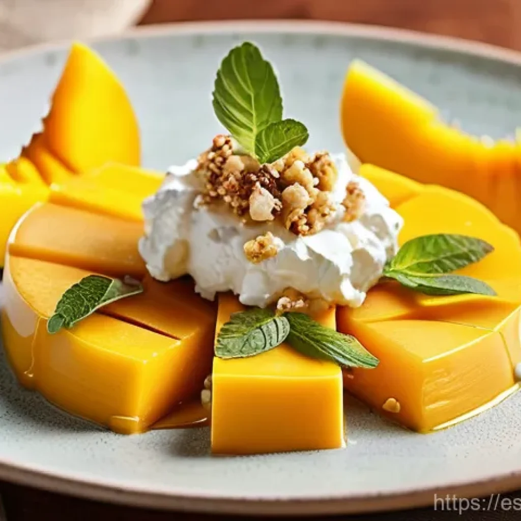 여행 중의 특별한 음식 조합 - **Vibrant Mango and Cured Goat Cheese Appetizer:** A close-up shot of an elegant appetizer plate fea...