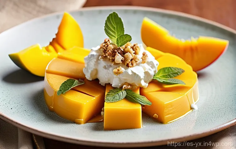 여행 중의 특별한 음식 조합 - **Vibrant Mango and Cured Goat Cheese Appetizer:** A close-up shot of an elegant appetizer plate fea...