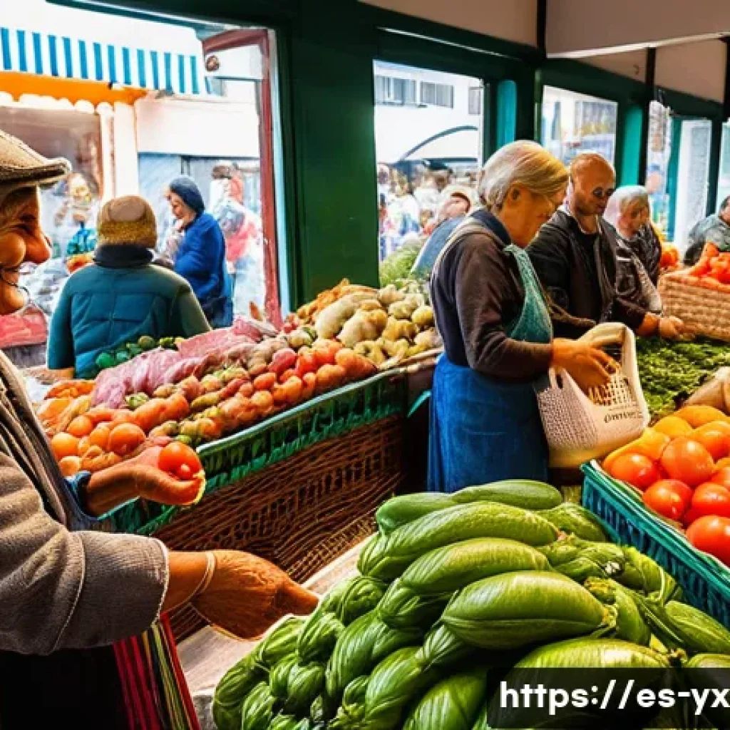 비용을 절감하는 식도락 여행 아이디어 - **Vibrant Spanish Local Market Scene:** A bustling and colorful indoor Spanish market, filled with a...