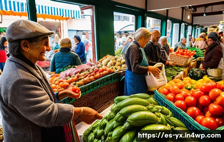 비용을 절감하는 식도락 여행 아이디어 - **Vibrant Spanish Local Market Scene:** A bustling and colorful indoor Spanish market, filled with a...