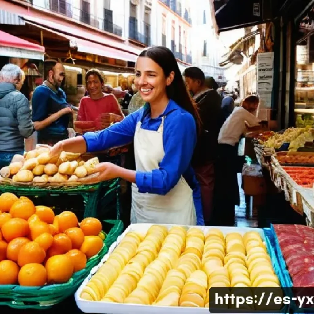 소셜 미디어 활용한 식도락 여행 정보 찾기 - **Prompt:** A vibrant, bustling indoor food market in a Spanish city, such as Madrid or Barcelona. T...