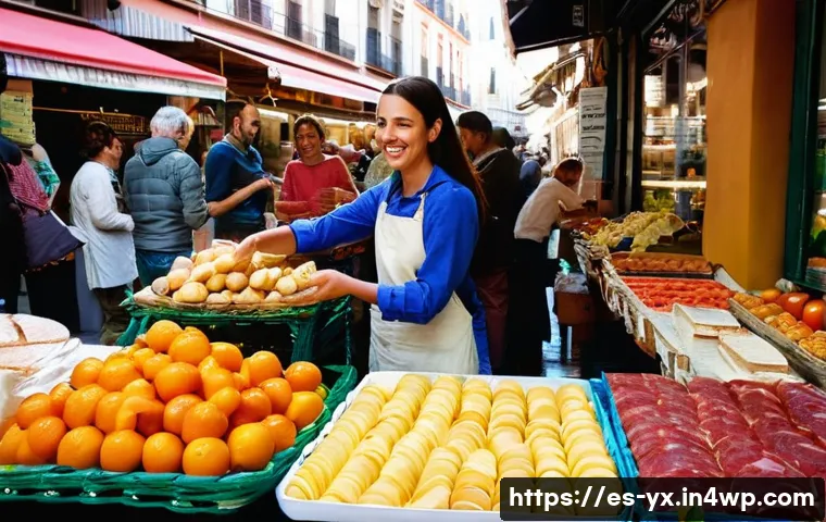 소셜 미디어 활용한 식도락 여행 정보 찾기 - **Prompt:** A vibrant, bustling indoor food market in a Spanish city, such as Madrid or Barcelona. T...