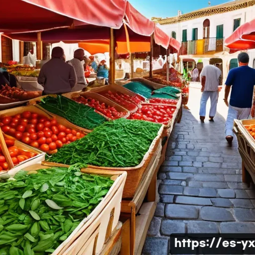 현지 특산물을 활용한 요리 - A vibrant Mediterranean market scene in Andalusia during summer, showcasing fresh local produce such...