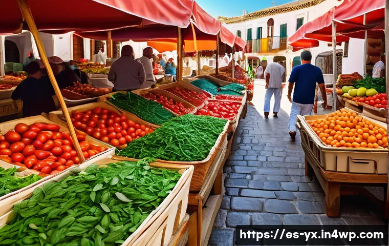 현지 특산물을 활용한 요리 - A vibrant Mediterranean market scene in Andalusia during summer, showcasing fresh local produce such...
