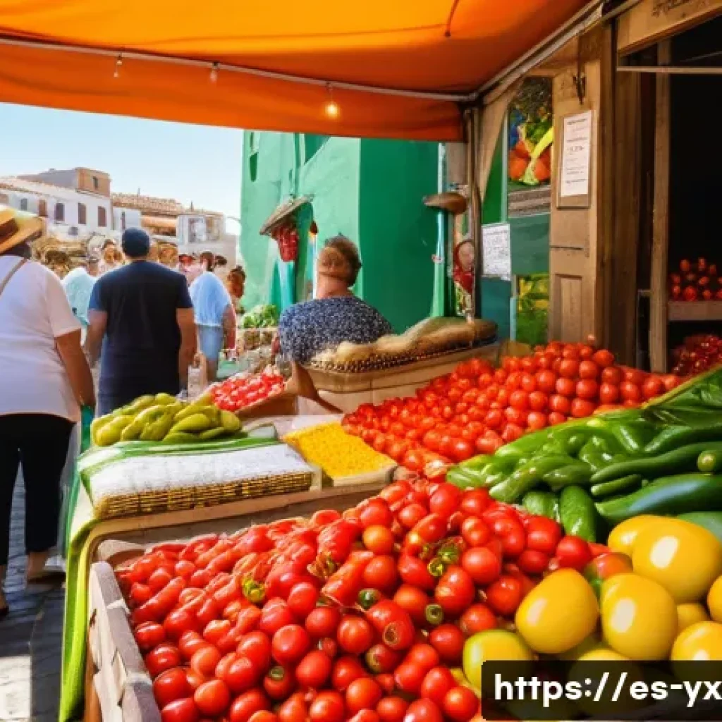 식도락 여행 후 소감 정리하기 - A vibrant Spanish market scene in Andalusia during summer, showcasing a colorful stall filled with f...