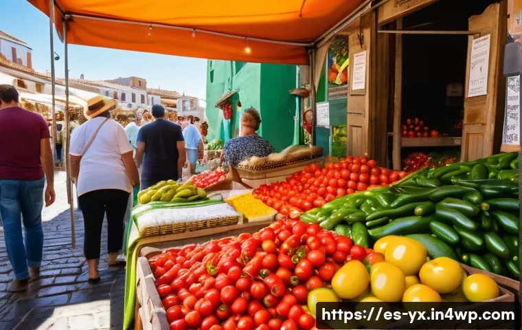 식도락 여행 후 소감 정리하기 - A vibrant Spanish market scene in Andalusia during summer, showcasing a colorful stall filled with f...
