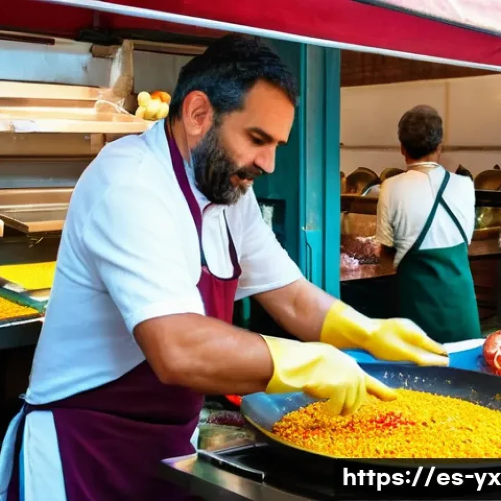 여행 중 만나는 전통 음식을 공유하기 - A vibrant local Spanish market scene in Valencia, bustling with diverse vendors selling fresh ingred...
