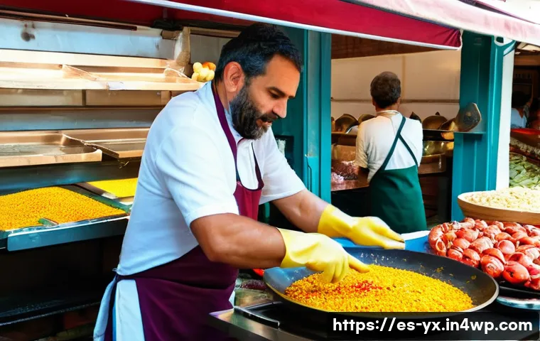 여행 중 만나는 전통 음식을 공유하기 - A vibrant local Spanish market scene in Valencia, bustling with diverse vendors selling fresh ingred...