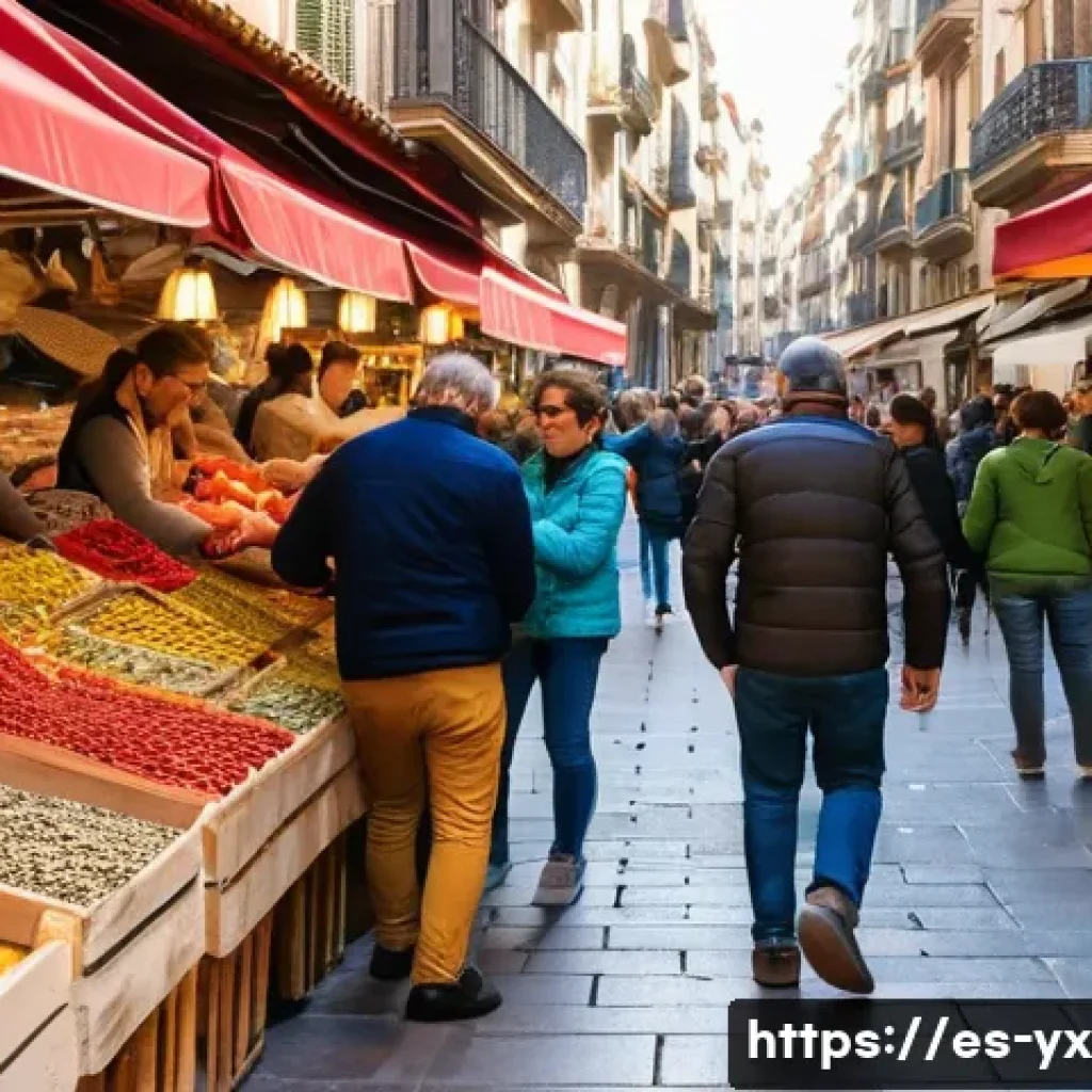 가족과 함께하는 식도락 여행 방법 - A vibrant traditional Spanish market scene in Barcelona with colorful stalls filled with fresh seafo...