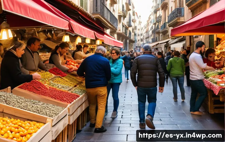 가족과 함께하는 식도락 여행 방법 - A vibrant traditional Spanish market scene in Barcelona with colorful stalls filled with fresh seafo...