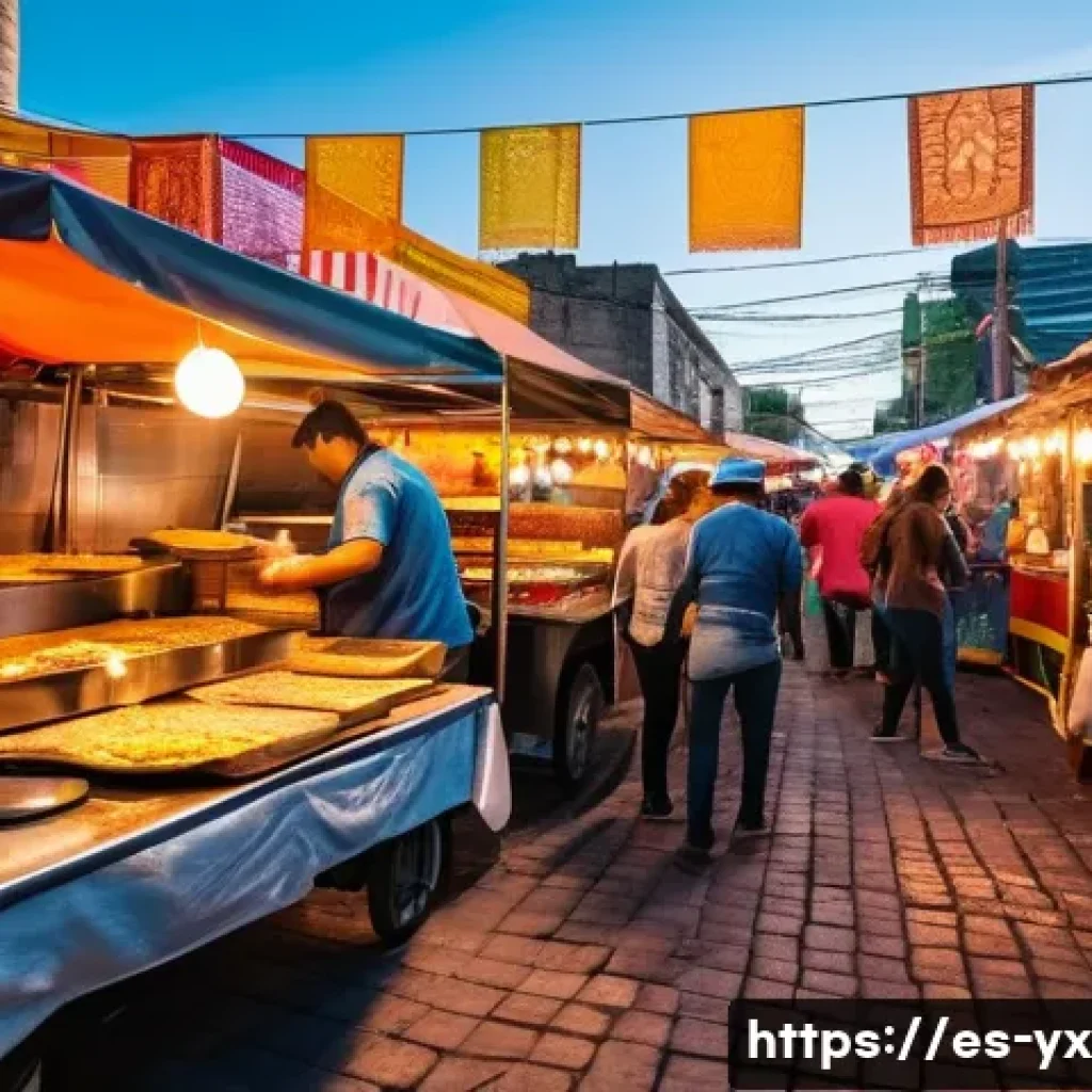 식도락 여행을 위한 꼭 가봐야 할 장소 - A vibrant traditional Mexican street market scene at dusk, bustling with colorful stalls displaying ...
