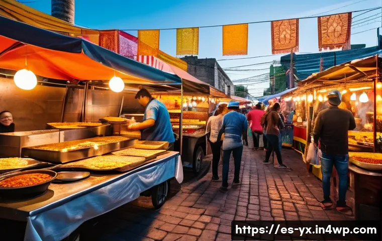 식도락 여행을 위한 꼭 가봐야 할 장소 - A vibrant traditional Mexican street market scene at dusk, bustling with colorful stalls displaying ...
