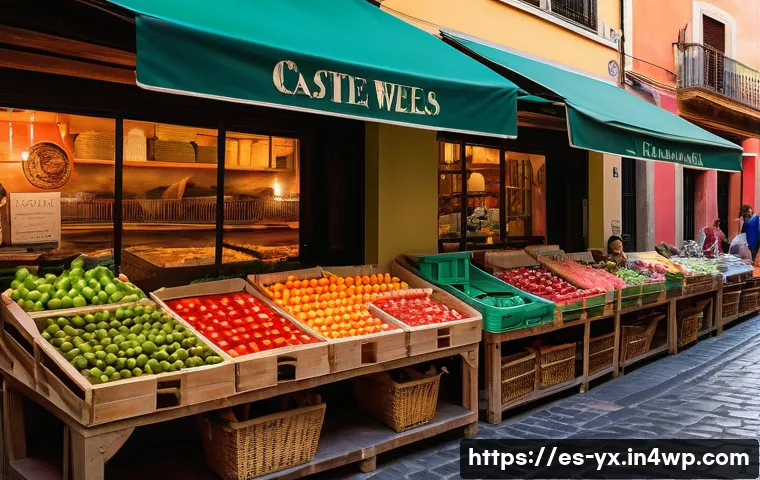 전통시장 탐방으로 즐기는 식도락 여행 - A vibrant traditional Spanish market scene at dawn, featuring colorful stalls overflowing with fresh...