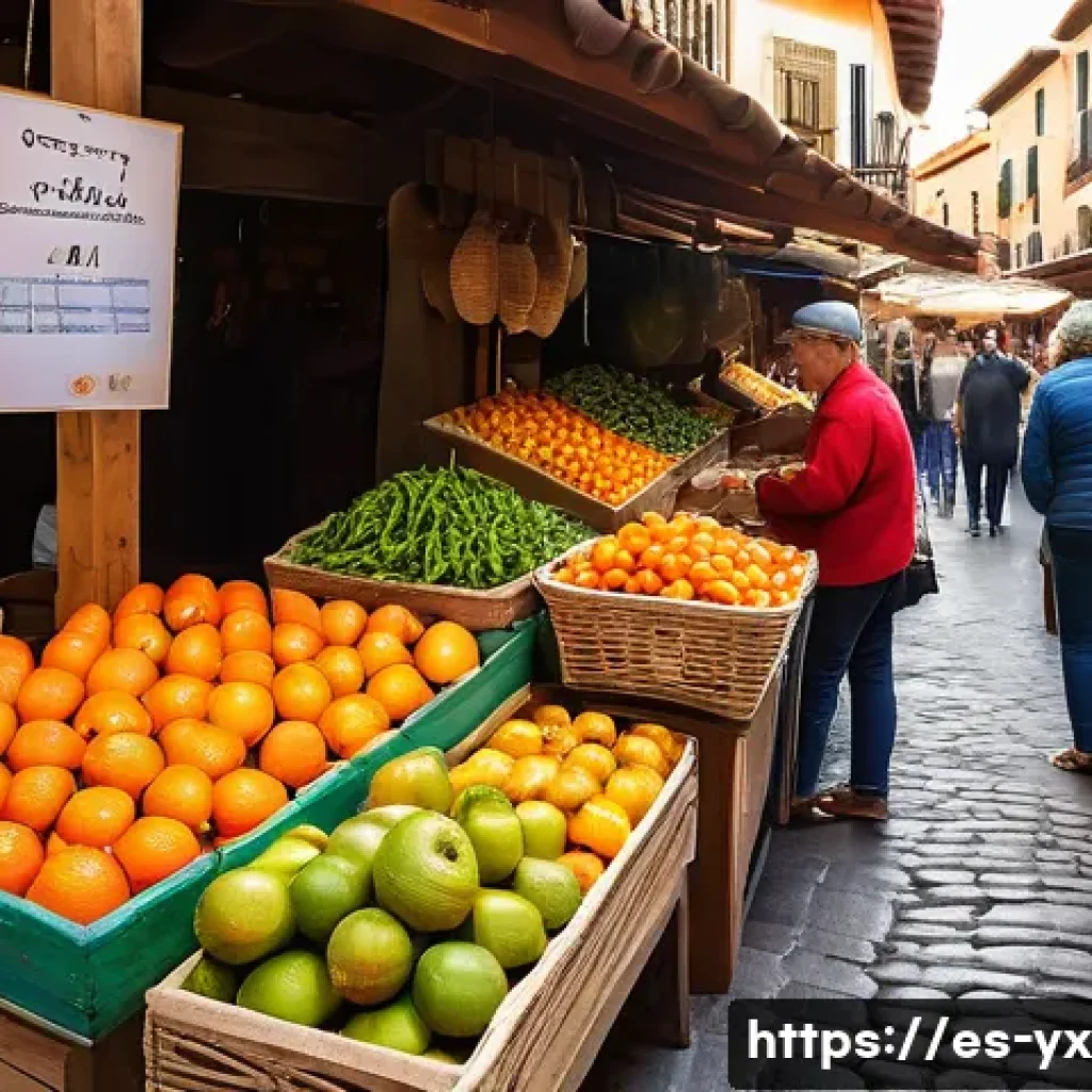 현지 전통 음식을 맛볼 수 있는 방법 - A vibrant traditional Spanish market scene filled with colorful stalls displaying fresh fruits like ...