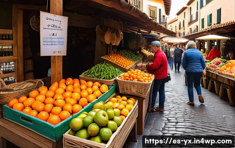 현지 전통 음식을 맛볼 수 있는 방법 - A vibrant traditional Spanish market scene filled with colorful stalls displaying fresh fruits like ...