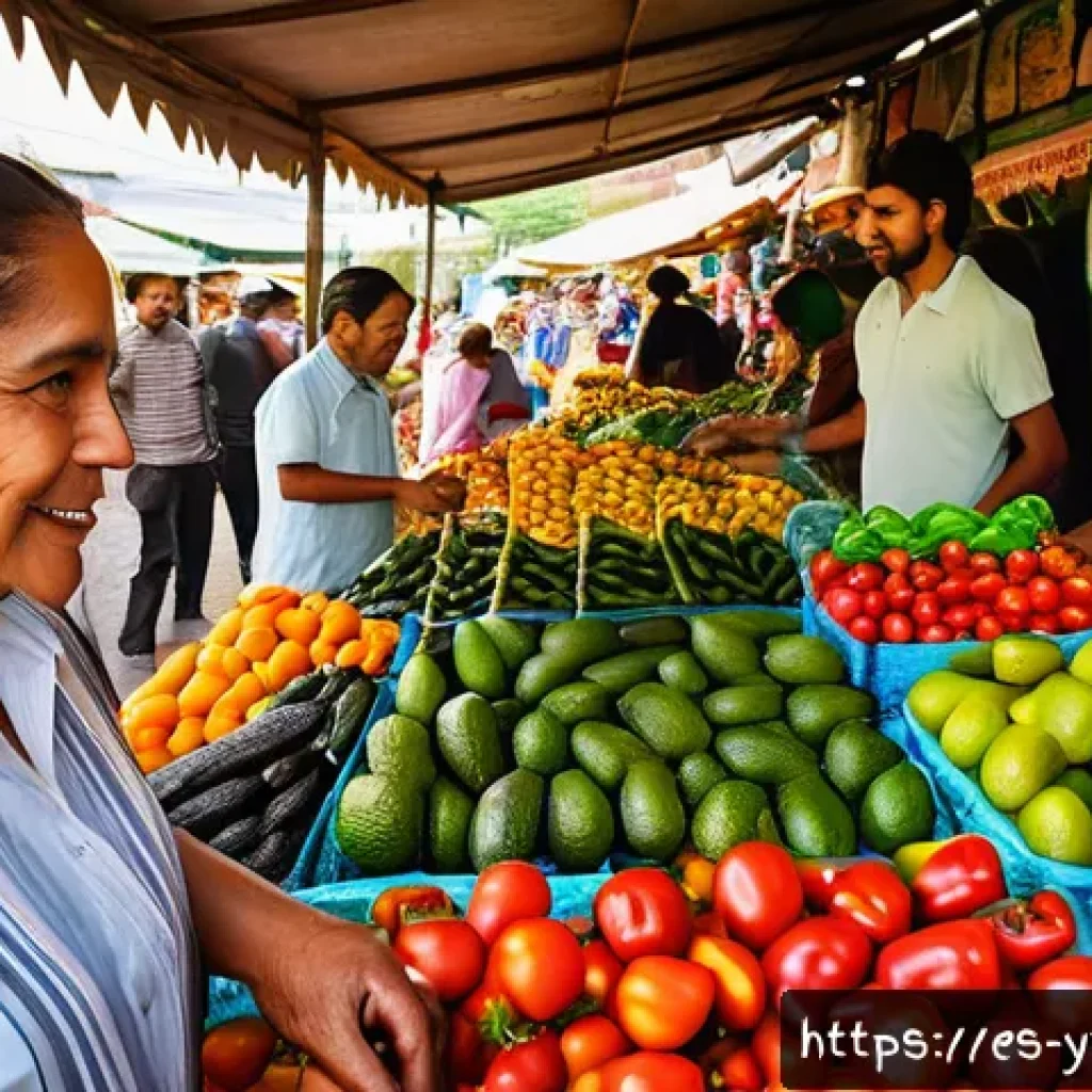 여행하면서 건강한 음식 선택하기 - A vibrant Latin American local market scene bustling with diverse vendors and customers, colorful st...