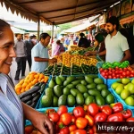 여행하면서 건강한 음식 선택하기 - A vibrant Latin American local market scene bustling with diverse vendors and customers, colorful st...
