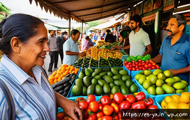 여행하면서 건강한 음식 선택하기 - A vibrant Latin American local market scene bustling with diverse vendors and customers, colorful st...