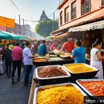 여행 후 음식 블로그 개설하기 - A vibrant street food market scene in Mexico City at sunset, showcasing colorful stalls with traditi...