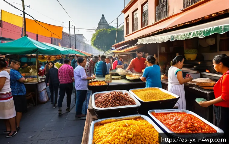 여행 후 음식 블로그 개설하기 - A vibrant street food market scene in Mexico City at sunset, showcasing colorful stalls with traditi...