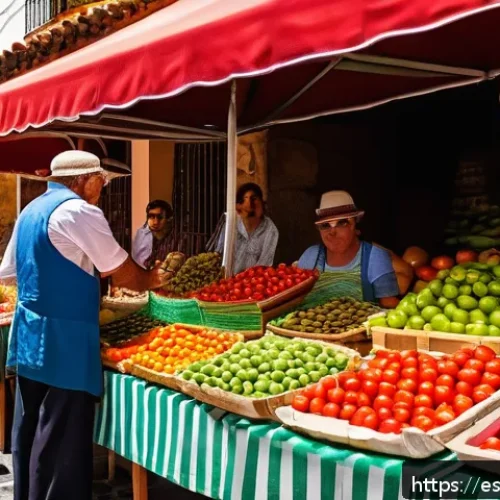 현지 음식 리서치의 중요성 - A vibrant traditional Spanish market scene in Andalusia during summer, showcasing fresh local ingred...