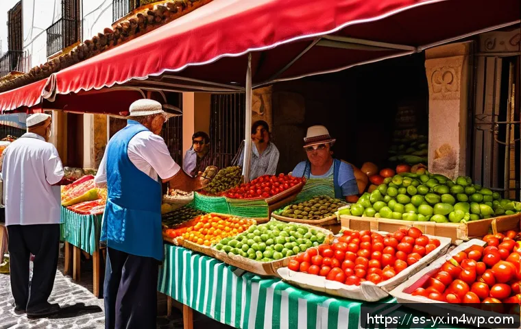 현지 음식 리서치의 중요성 - A vibrant traditional Spanish market scene in Andalusia during summer, showcasing fresh local ingred...