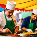식도락 여행 중 각종 음식 이벤트 참여하기 - A vibrant outdoor food festival in Mexico City during October, featuring colorful traditional Mexica...