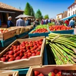 시즌별 추천 식도락 여행지 - A vibrant spring market scene in Huelva, Spain, featuring fresh strawberries and green asparagus dis...