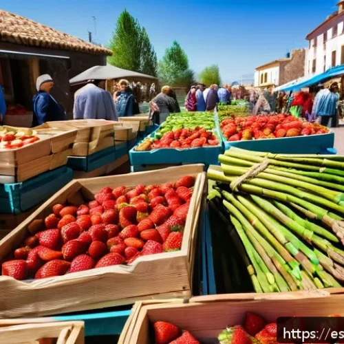 시즌별 추천 식도락 여행지 - A vibrant spring market scene in Huelva, Spain, featuring fresh strawberries and green asparagus dis...