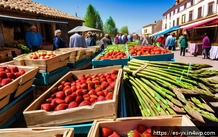 시즌별 추천 식도락 여행지 - A vibrant spring market scene in Huelva, Spain, featuring fresh strawberries and green asparagus dis...