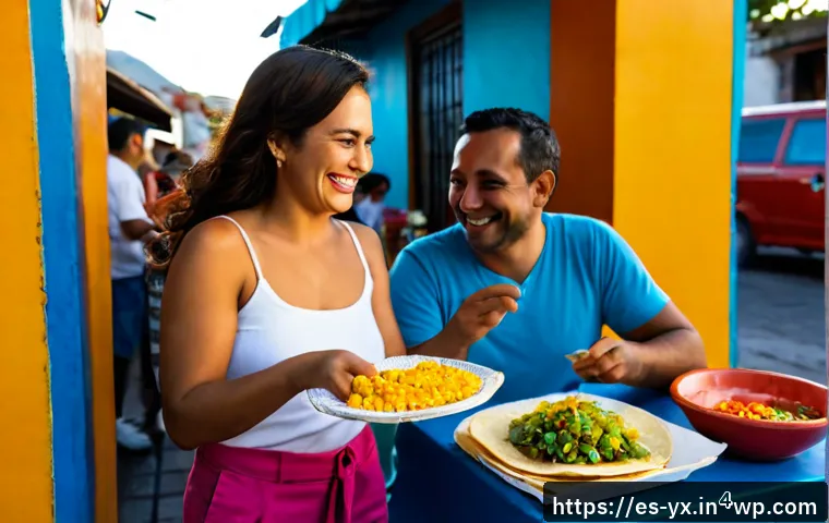여행 중의 재밌는 음식 관련 이야기 - Photorealistic candid travel moment in a colorful Mexican street food market, a cheerful Spanish-spe...