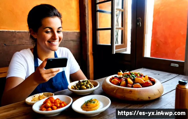 Home 17 여행 중의 소셜 미디어에서 음식 공유하기 - Photorealistic travel food-sharing scene in a sunny Spanish tapas bar, a smiling adult traveler seat...