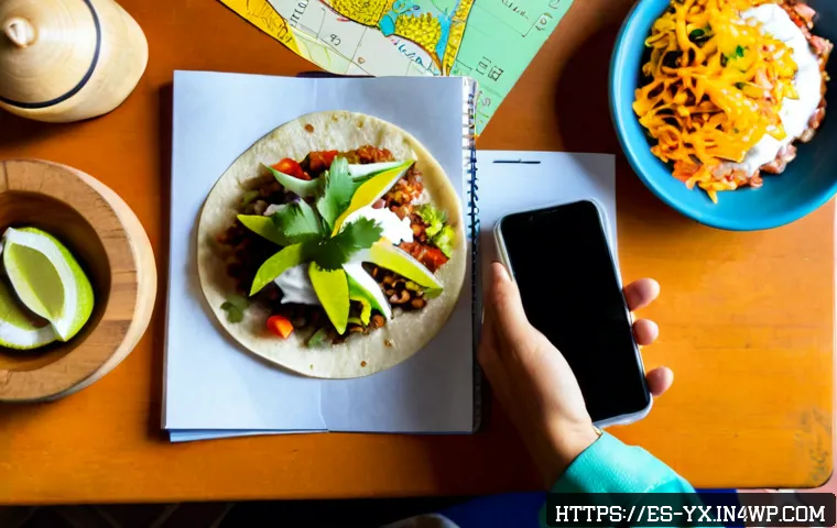 미식 여행을 위한 여행 일정 짜기 - Photorealistic overhead view of a Spanish-speaking traveler planning a culinary trip through Mexico,...
